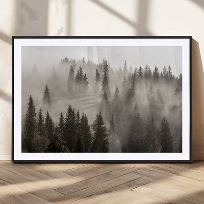 62862-MGV-CV-36X24-Misty Forest Wall Art – Tranquil Pine Tree Canvas Print with Mountain Fog, Nature Landscape Artwork for Living Room, Bedroom, or