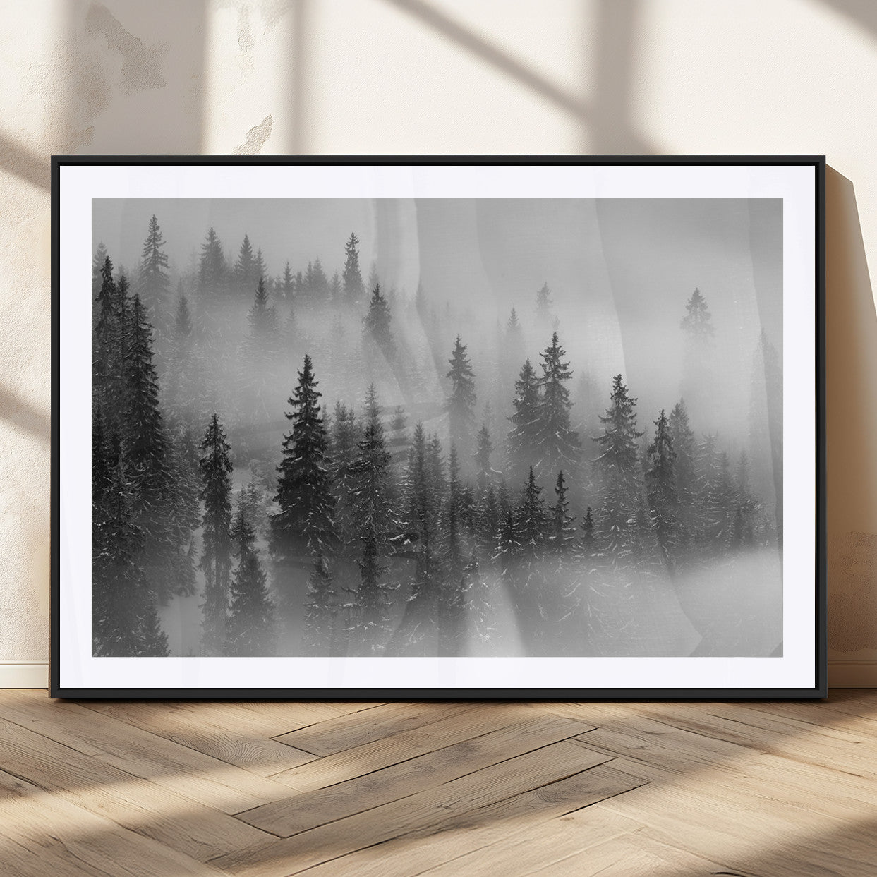 57235-MGC-FP-36x24_Black-Misty Pine Forest Wall Art – Black and White Mountain Landscape Canvas Print, Nature Woodland Decor for Living Room, Bedroom or