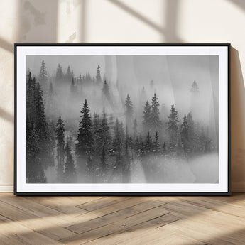 57235-MGC-FP-36x24_Black-Misty Pine Forest Wall Art – Black and White Mountain Landscape Canvas Print, Nature Woodland Decor for Living Room, Bedroom or