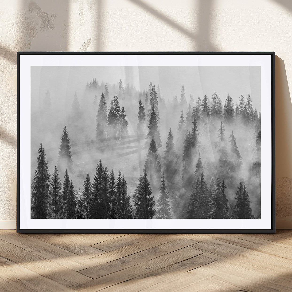 10422-MGV-CV-36X24-Misty Pine Forest Wall Art – Black and White Foggy Landscape Canvas Print, Serene Nature Woodland Decor for Bedroom, Office or