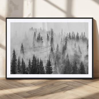 10422-MGC-FP-36x24_Black-Misty Pine Forest Wall Art – Black and White Foggy Landscape Canvas Print, Serene Nature Woodland Decor for Bedroom, Office or