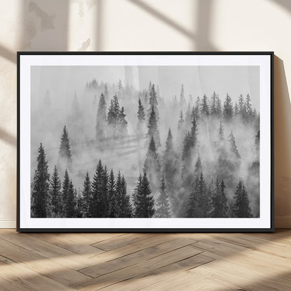 10422-MGC-FP-36x24_Black-Misty Pine Forest Wall Art – Black and White Foggy Landscape Canvas Print, Serene Nature Woodland Decor for Bedroom, Office or