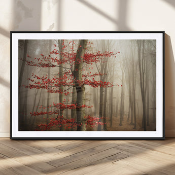 61855-MGC-FP-36x24_Black-Misty Forest Wall Art – Red Tree with Autumn Leaves Canvas Print, Moody Woodland Nature Decor for Living Room, Bedroom, or Office