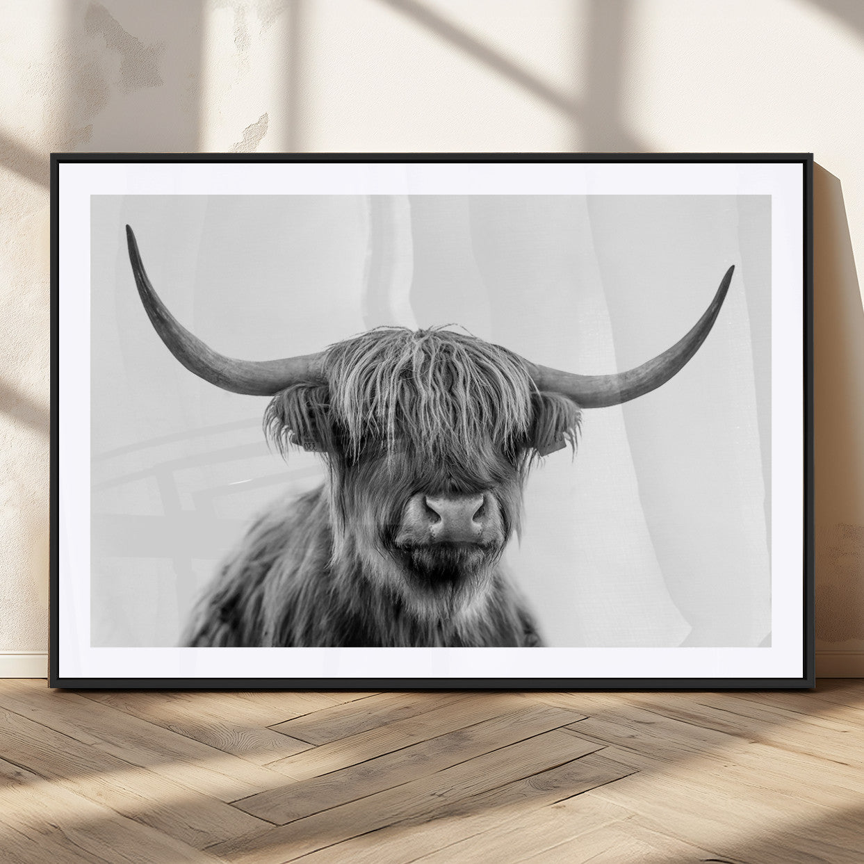 10123-MGV-CV-36X24-Black and White Highland Cow Wall Art – Modern Farmhouse Animal Print, Rustic Scottish Bull Canvas Decor for Living Room, Bedroom,