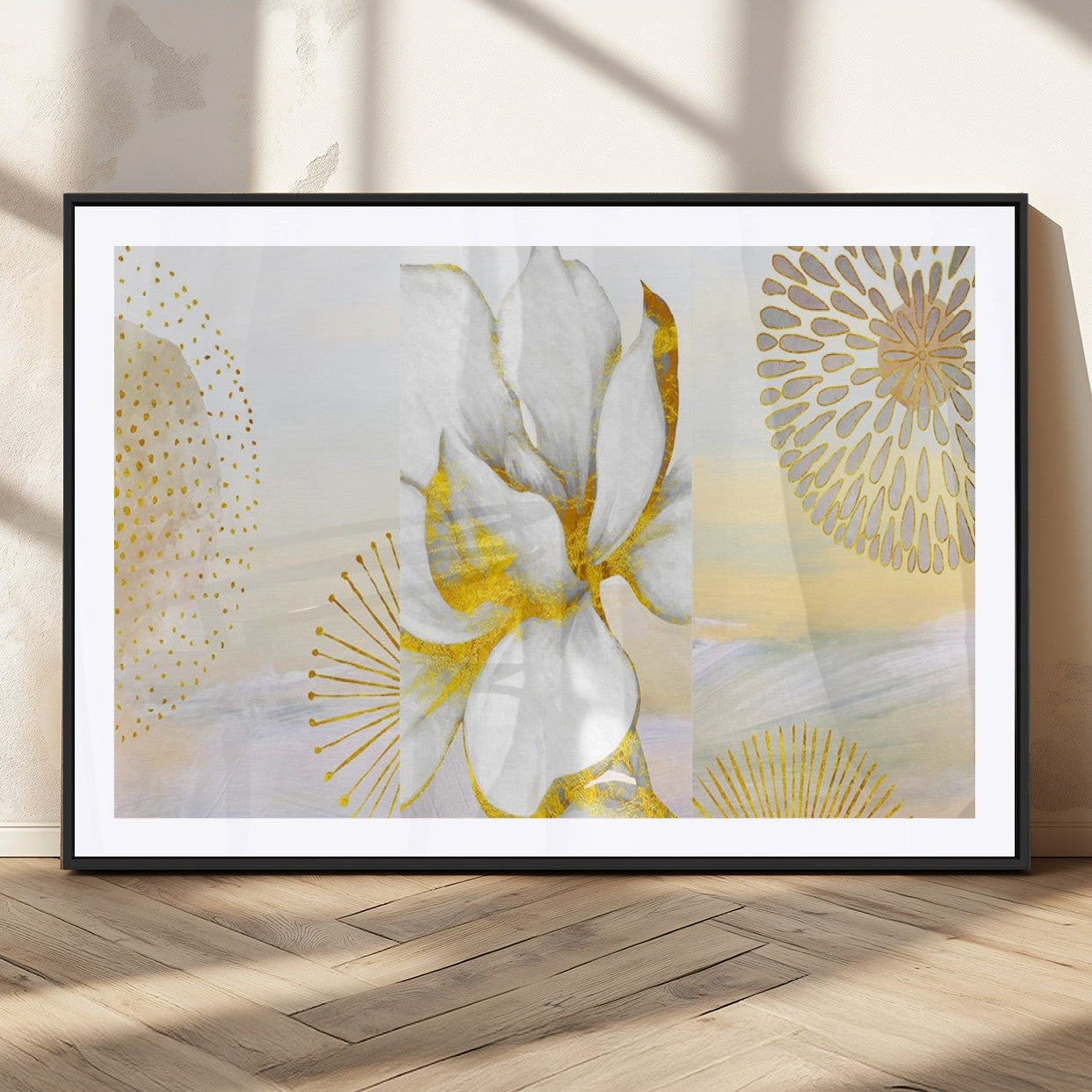 82301-MGV-CV-36X24-Modern Floral Wall Art – White Flower with Gold Detailing Canvas Print, Elegant Abstract Artwork for Living Room, Bedroom, or