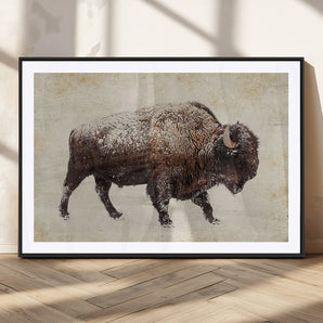 72107-MGV-CV-36X24-Snow Buffalo Wall Art – Rustic Bison Canvas Print with Vintage Winter Texture, Western Wildlife Photography Decor for Cabin,