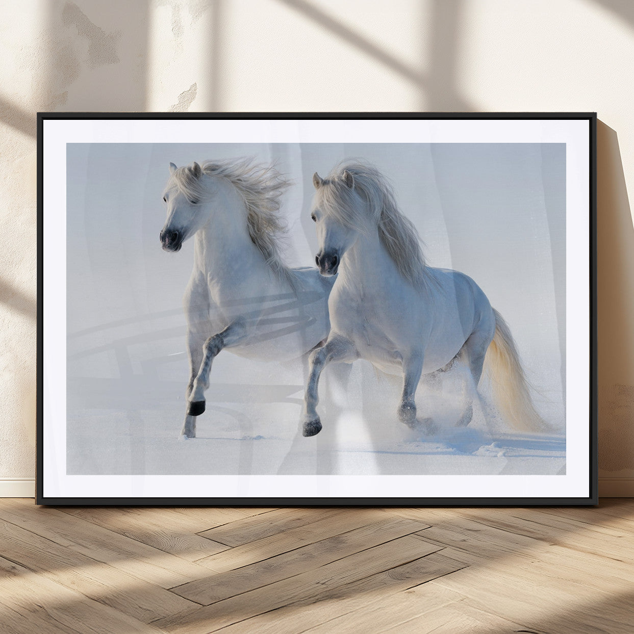 80145-MGC-FP-36x24_Black-White Horses Running Snow Wall Art – Majestic Equine Canvas Print, Winter Nature Photography Decor for Living Room, Office,