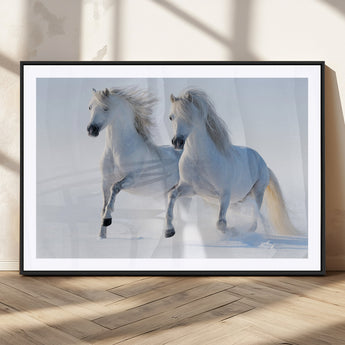 80145-MGC-FP-36x24_Black-White Horses Running Snow Wall Art – Majestic Equine Canvas Print, Winter Nature Photography Decor for Living Room, Office,