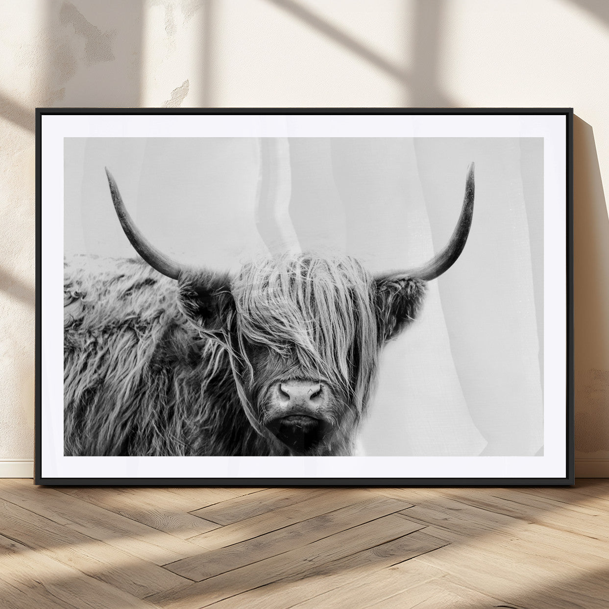 51957-MGC-FP-36x24_Black-Highland Cow Wall Art – Black and White Scottish Highland Bull Canvas Print, Rustic Farmhouse Animal Decor for Living Room,