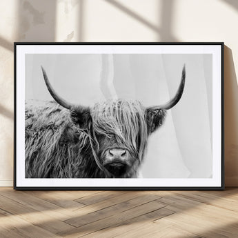 51957-MGC-FP-36x24_Black-Highland Cow Wall Art – Black and White Scottish Highland Bull Canvas Print, Rustic Farmhouse Animal Decor for Living Room,