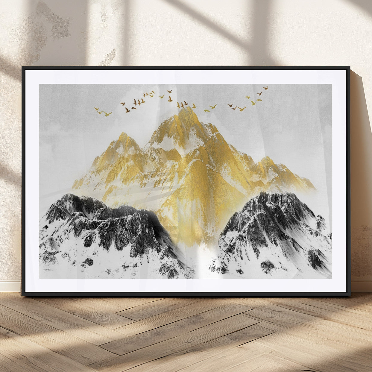 37733-MGC-FP-36x24_Black-Golden Mountain Wall Art – Modern Abstract Landscape Canvas Print with Birds, Luxury Nature Decor for Living Room, Bedroom, or