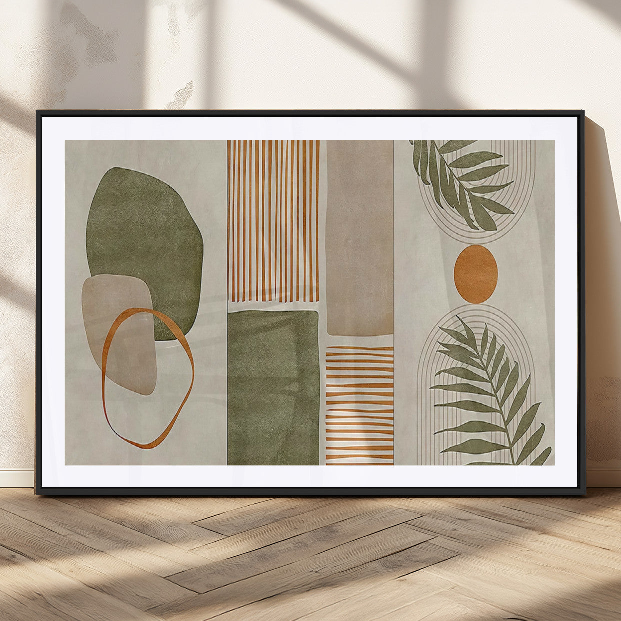 96002-MGC-FP-36x24_Black-Abstract Geometric Wall Art – Modern Canvas Print with Green, Orange & Beige Shapes, Minimalist Home Decor for Living Room, Office