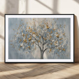 65811-MGV-CV-36X24-Abstract Tree Wall Art – Textured Canvas Painting with Gold and White Leaves, Modern Nature Inspired Decor for Living Room or