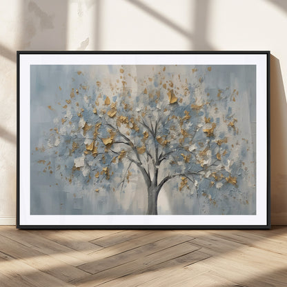 65811-MGV-CV-36X24-Abstract Tree Wall Art – Textured Canvas Painting with Gold and White Leaves, Modern Nature Inspired Decor for Living Room or