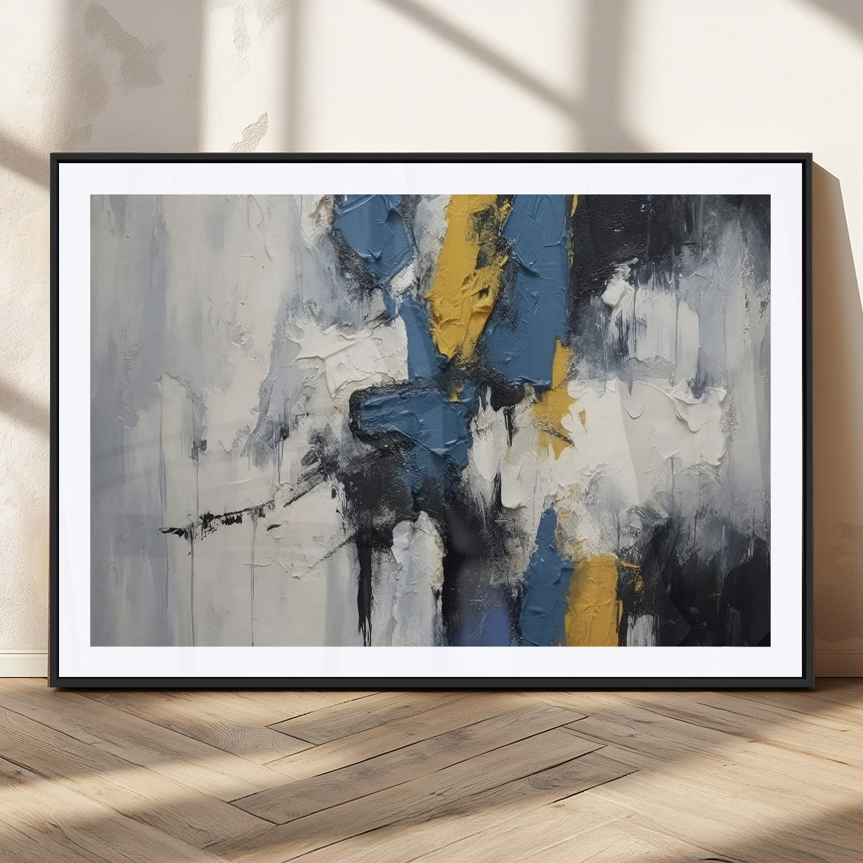 63850-MGC-FP-36x24_Black-Abstract Blue and Yellow Wall Art – Modern Textured Canvas Painting, Bold Contemporary Artwork for Living Room, Bedroom or Office