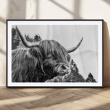 61570-MGV-CV-36X24-Highland Cow Wall Art – Black and White Scottish Bull Canvas Print, Rustic Farmhouse Animal Decor for Living Room, Bedroom, or