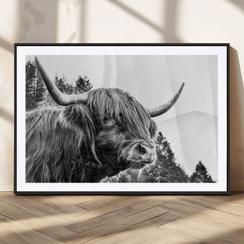 61570-MGC-FP-36x24_Black-Highland Cow Wall Art – Black and White Scottish Bull Canvas Print, Rustic Farmhouse Animal Decor for Living Room, Bedroom, or