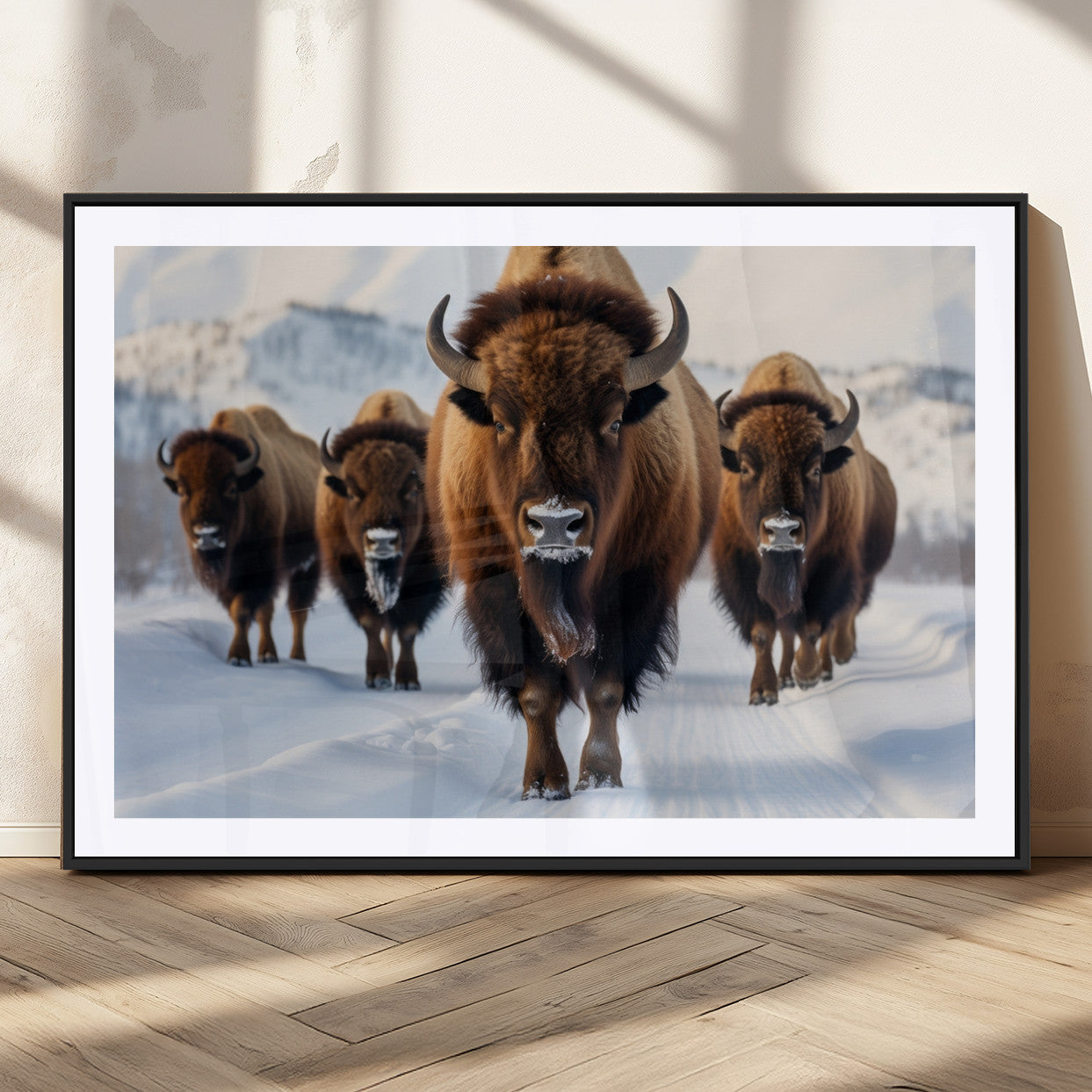56701-MGC-FP-36x24_Black-Bison Herd Wall Art – Buffalo Walking in Snowy Mountains Canvas Print, Rustic Wildlife Decor for Cabin, Lodge, or Living Room