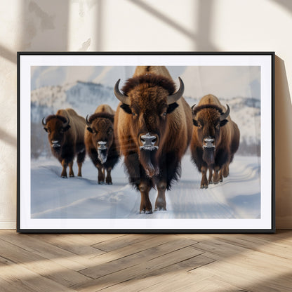 56701-MGC-FP-36x24_Black-Bison Herd Wall Art – Buffalo Walking in Snowy Mountains Canvas Print, Rustic Wildlife Decor for Cabin, Lodge, or Living Room