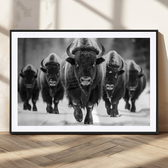 79872-MGC-FP-36x24_Black-Bison Herd Wall Art – Black and White Buffalo on Snow Canvas Print, Rustic Wildlife Decor for Lodge, Cabin, or Living Room