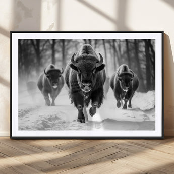 97552-MGC-FP-36x24_Black-Black and White Bison Wall Art – Buffalo Herd Running in Snow Canvas Print, Rustic Wildlife Photography Decor for Cabin, Lodge, or