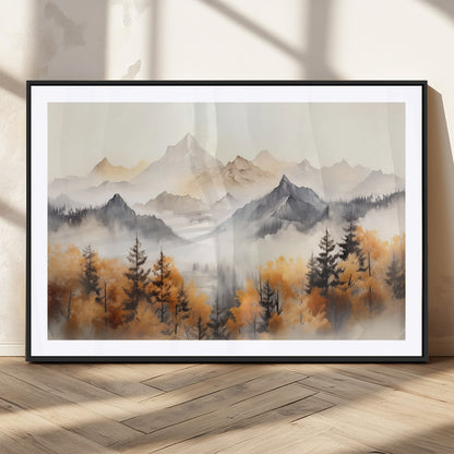 70049-MGC-FP-36x24_Black-Autumn Mountain Forest Wall Art – Misty Landscape Canvas Print, Rustic Nature Inspired Decor for Living Room, Bedroom or Office