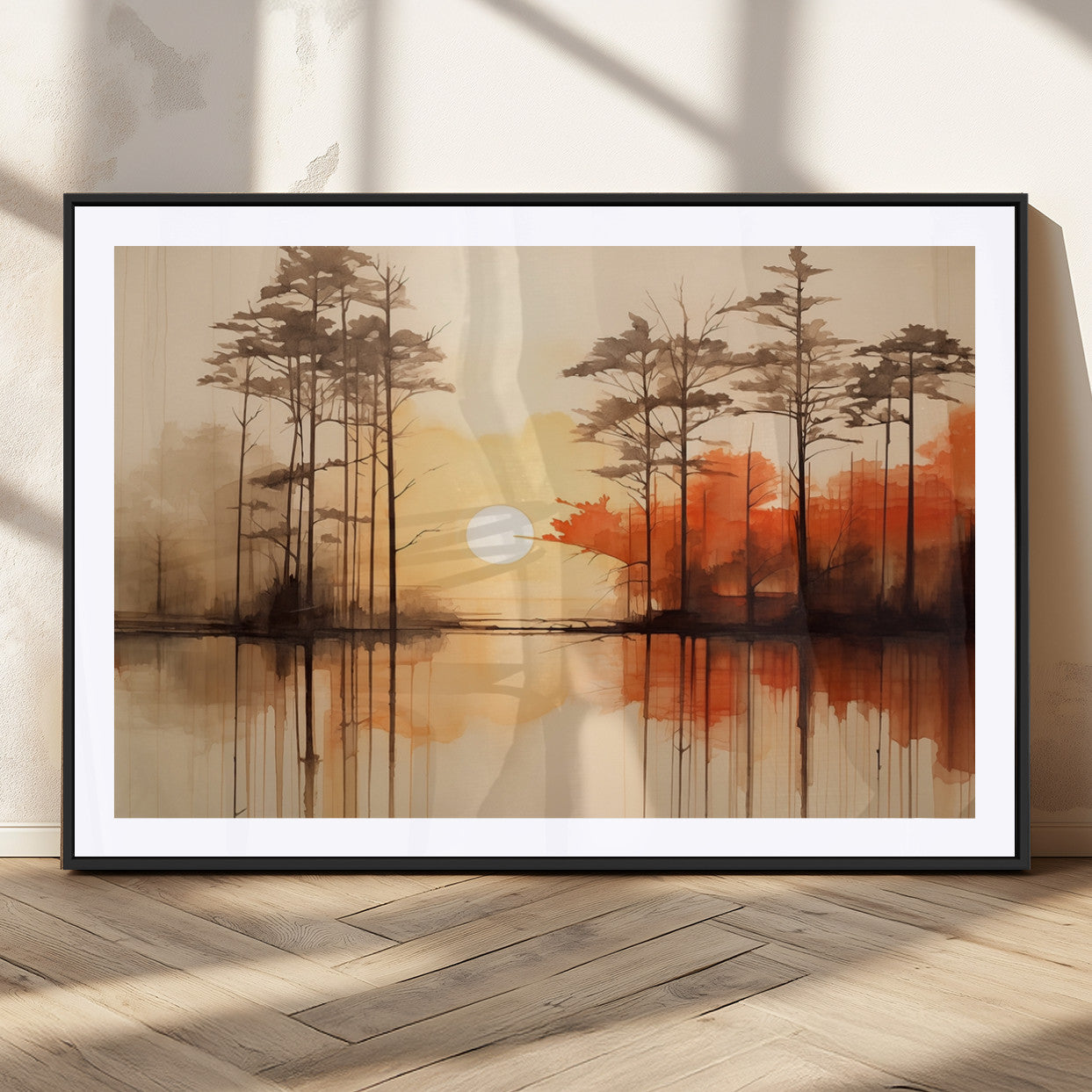 51083-MGC-FP-36x24_Black-Sunset Lake Forest Wall Art – Serene Trees and Orange Sky Reflection Canvas Print, Tranquil Nature Decor for Living Room, Office
