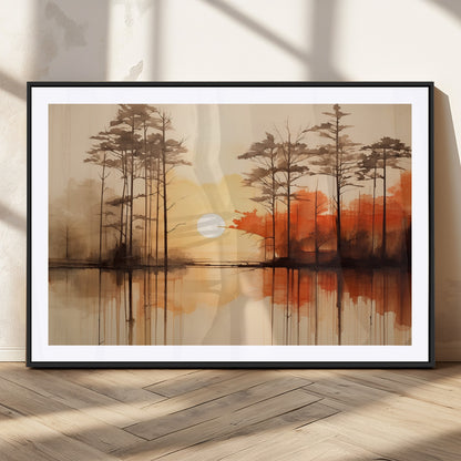 51083-MGC-FP-36x24_Black-Sunset Lake Forest Wall Art – Serene Trees and Orange Sky Reflection Canvas Print, Tranquil Nature Decor for Living Room, Office