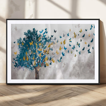 37564-MGC-FP-36x24_Black-Butterfly Tree Wall Art – Modern Nature Canvas Print with Blue and Golden Butterflies, Elegant Decorative Painting for Living Room