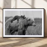 76338-MGC-FP-36x24_Black-Mother Bear and Cub Wall Art – Black and White Wildlife Canvas Print, Rustic Nature Photography for Cabin, Living Room or Office