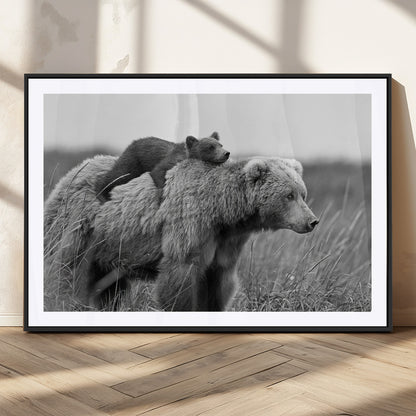 76338-MGC-FP-36x24_Black-Mother Bear and Cub Wall Art – Black and White Wildlife Canvas Print, Rustic Nature Photography for Cabin, Living Room or Office