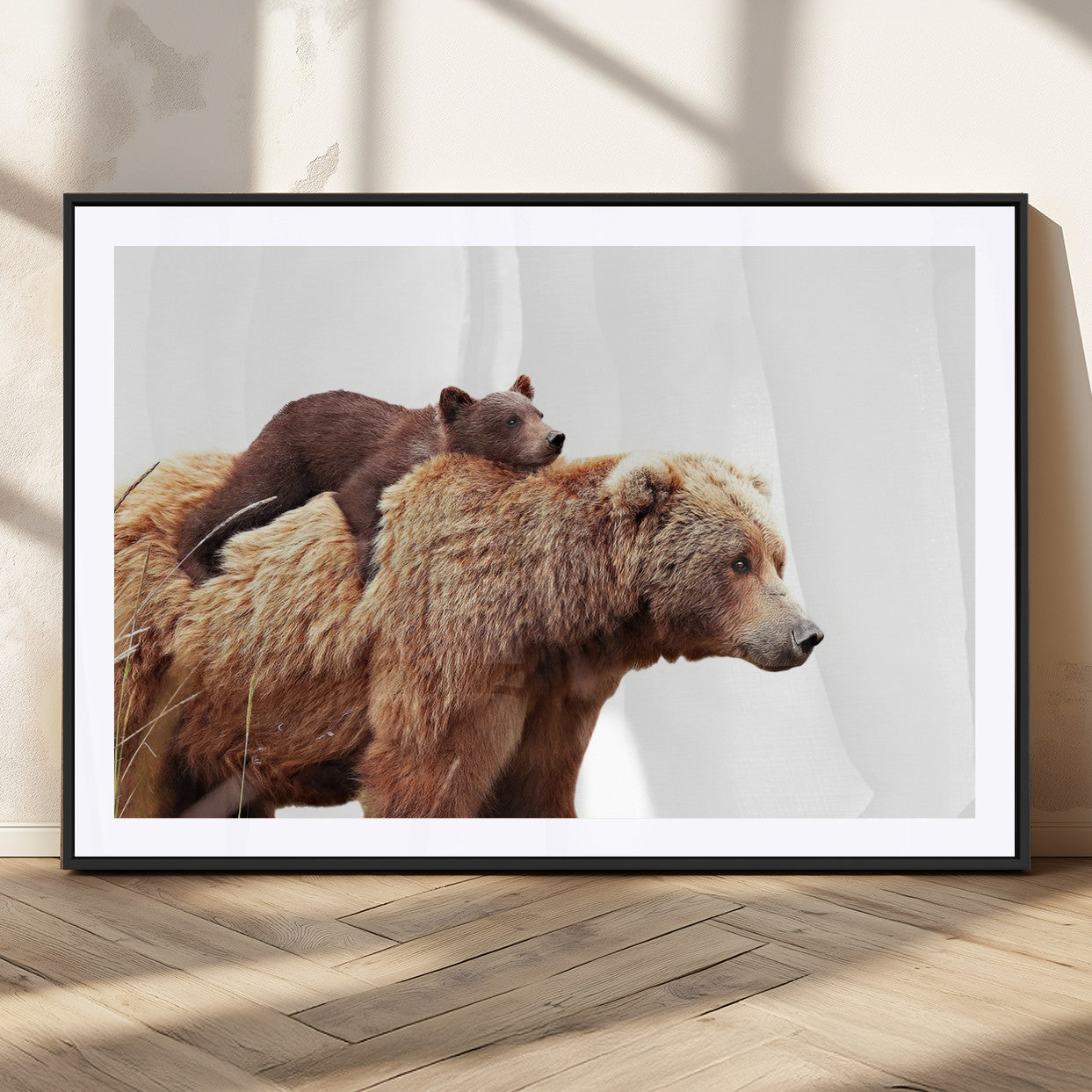 76943-MGC-FP-36x24_Black-Mom Bear Wall Art Canvas Print, Framed Bear Photography Art Picture Print, Rustic Bear and Cub Perfect Rustic Farmhouse Decor