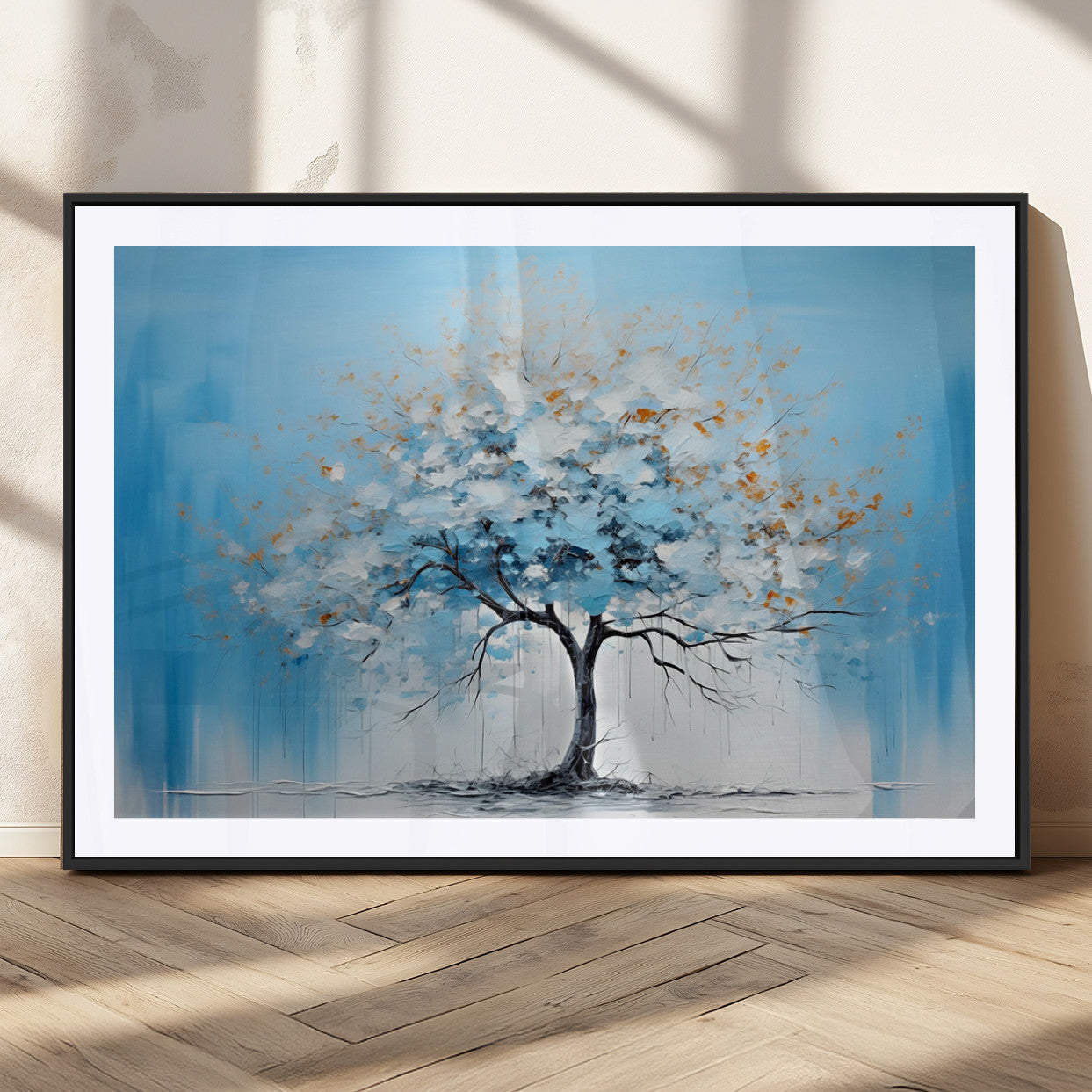 25021-MGC-FP-36x24_Black-Abstract Tree Wall Art – Blue and White Canvas Painting with Gold Accents, Modern Nature-Inspired Artwork for Living Room, Bedroom