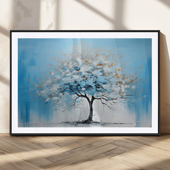 25021-MGC-FP-36x24_Black-Abstract Tree Wall Art – Blue and White Canvas Painting with Gold Accents, Modern Nature-Inspired Artwork for Living Room, Bedroom