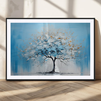 25021-MGC-FP-36x24_Black-Abstract Tree Wall Art – Blue and White Canvas Painting with Gold Accents, Modern Nature-Inspired Artwork for Living Room, Bedroom