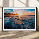 26494-MGC-FP-36x24_Black-Ocean Sunset Wall Art – Scenic Beach Canvas Print with Waves and Mountains, Coastal Seascape Photography for Living Room, Bedroom