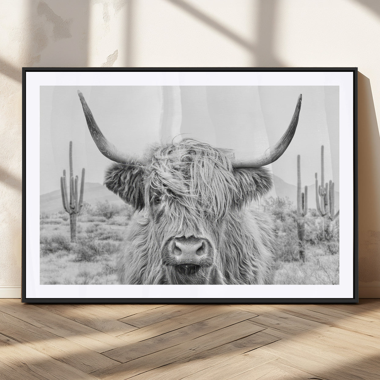 94579-MGV-CV-36X24-Highland Cow Wall Art – Black and White Longhorn Canvas Print, Rustic Western Farmhouse Animal Photography for Living Room,