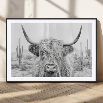 94579-MGV-CV-36X24-Highland Cow Wall Art – Black and White Longhorn Canvas Print, Rustic Western Farmhouse Animal Photography for Living Room,