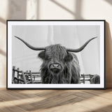 58188-MGC-FP-36x24_Black-Highland Cow Wall Art – Black and White Rustic Farmhouse Canvas Print, Longhorn Cattle Photography Decor for Living Room or