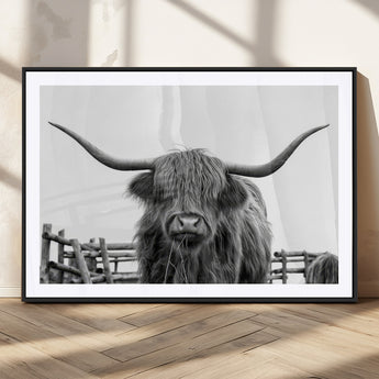 58188-MGC-FP-36x24_Black-Highland Cow Wall Art – Black and White Rustic Farmhouse Canvas Print, Longhorn Cattle Photography Decor for Living Room or