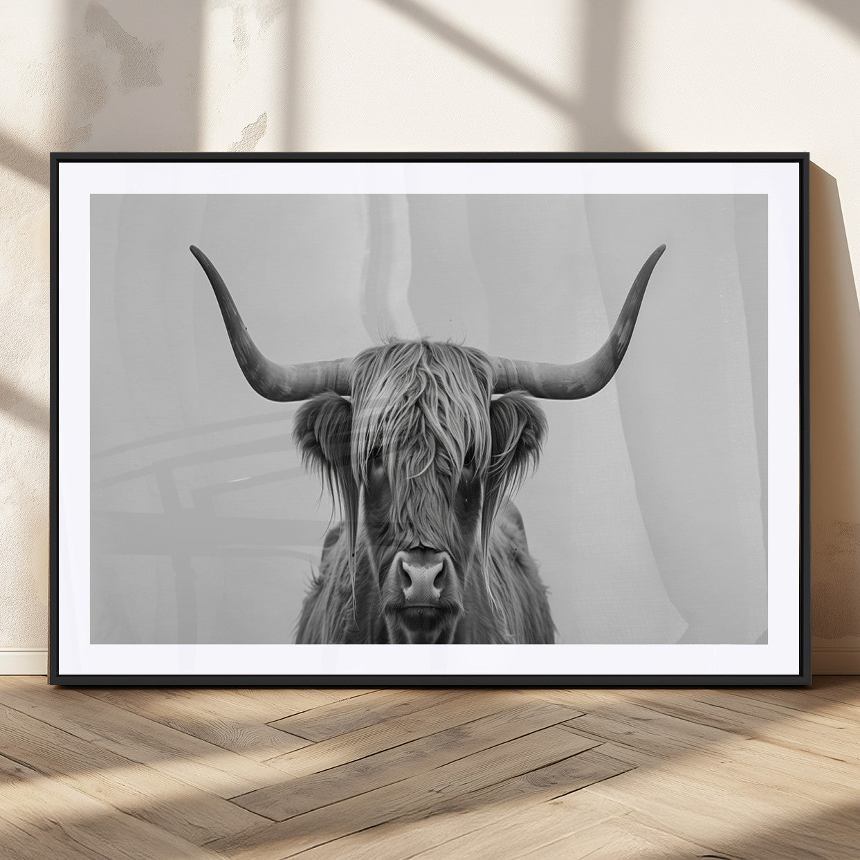 35820-MGC-FP-36x24_Black-Minimalist Highland Cow Wall Art – Black and White Longhorn Cattle Canvas Print, Modern Farmhouse Animal Photography Decor for