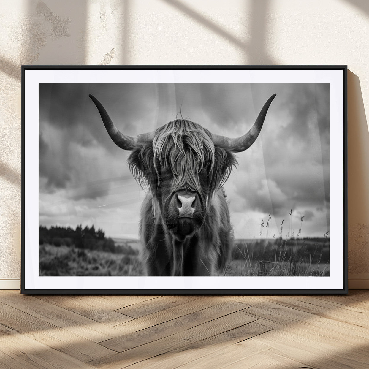 17924-MGV-CV-36X24-Highland Cow Wall Art – Black and White Rustic Longhorn Cattle Canvas Print, Farmhouse Animal Photography Decor for Country Home