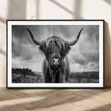 17924-MGV-CV-36X24-Highland Cow Wall Art – Black and White Rustic Longhorn Cattle Canvas Print, Farmhouse Animal Photography Decor for Country Home