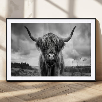 17924-MGV-CV-36X24-Highland Cow Wall Art – Black and White Rustic Longhorn Cattle Canvas Print, Farmhouse Animal Photography Decor for Country Home