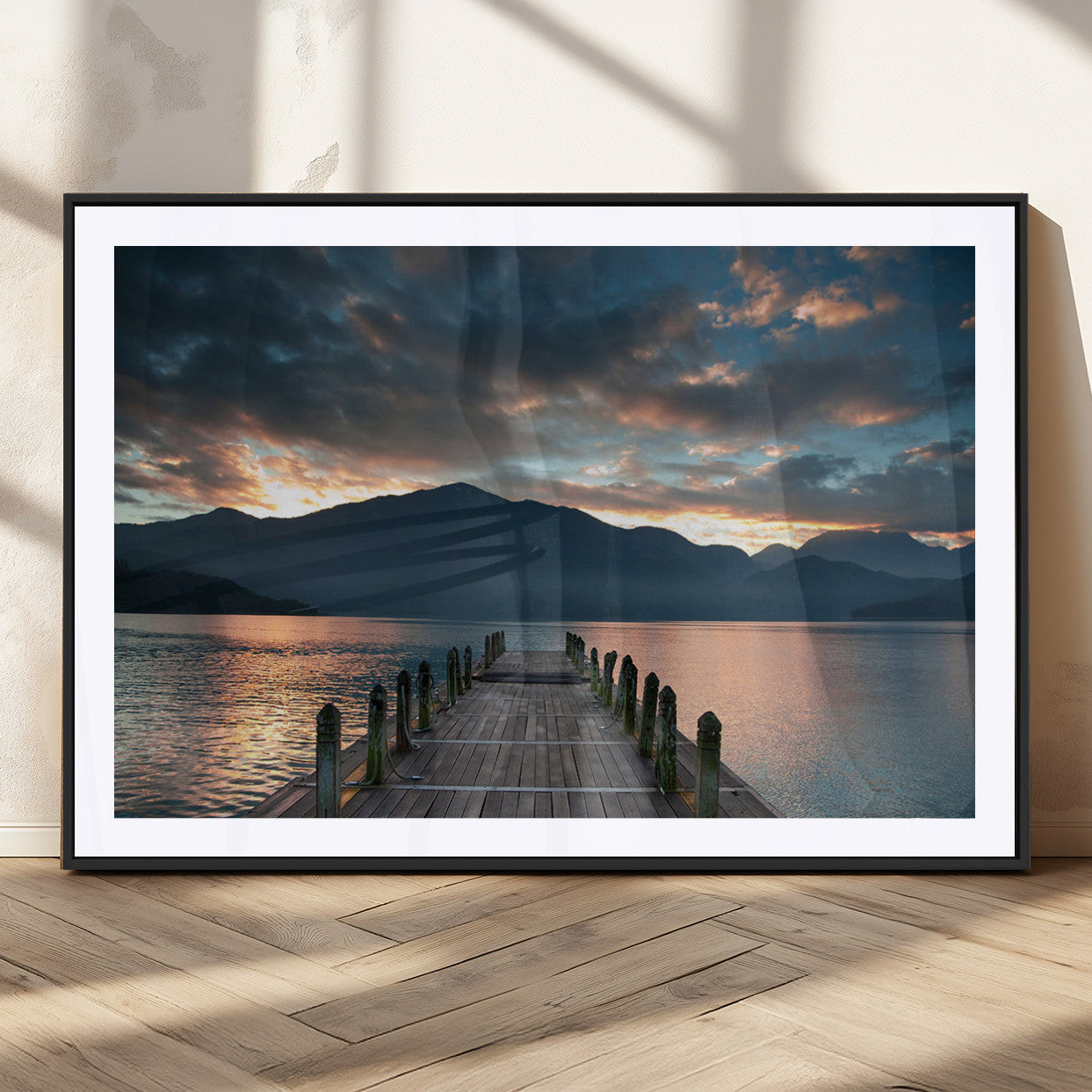 20442-MGC-FP-36x24_Black-Lakeside Sunset Dock Wall Art – Peaceful Mountain Lake Canvas Print, Serene Nature Landscape Decor for Living Room, Bedroom or