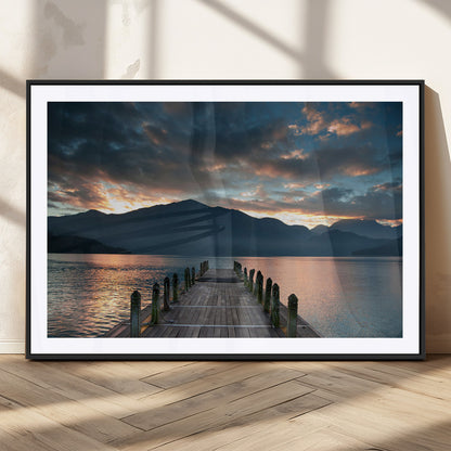 20442-MGC-FP-36x24_Black-Lakeside Sunset Dock Wall Art – Peaceful Mountain Lake Canvas Print, Serene Nature Landscape Decor for Living Room, Bedroom or