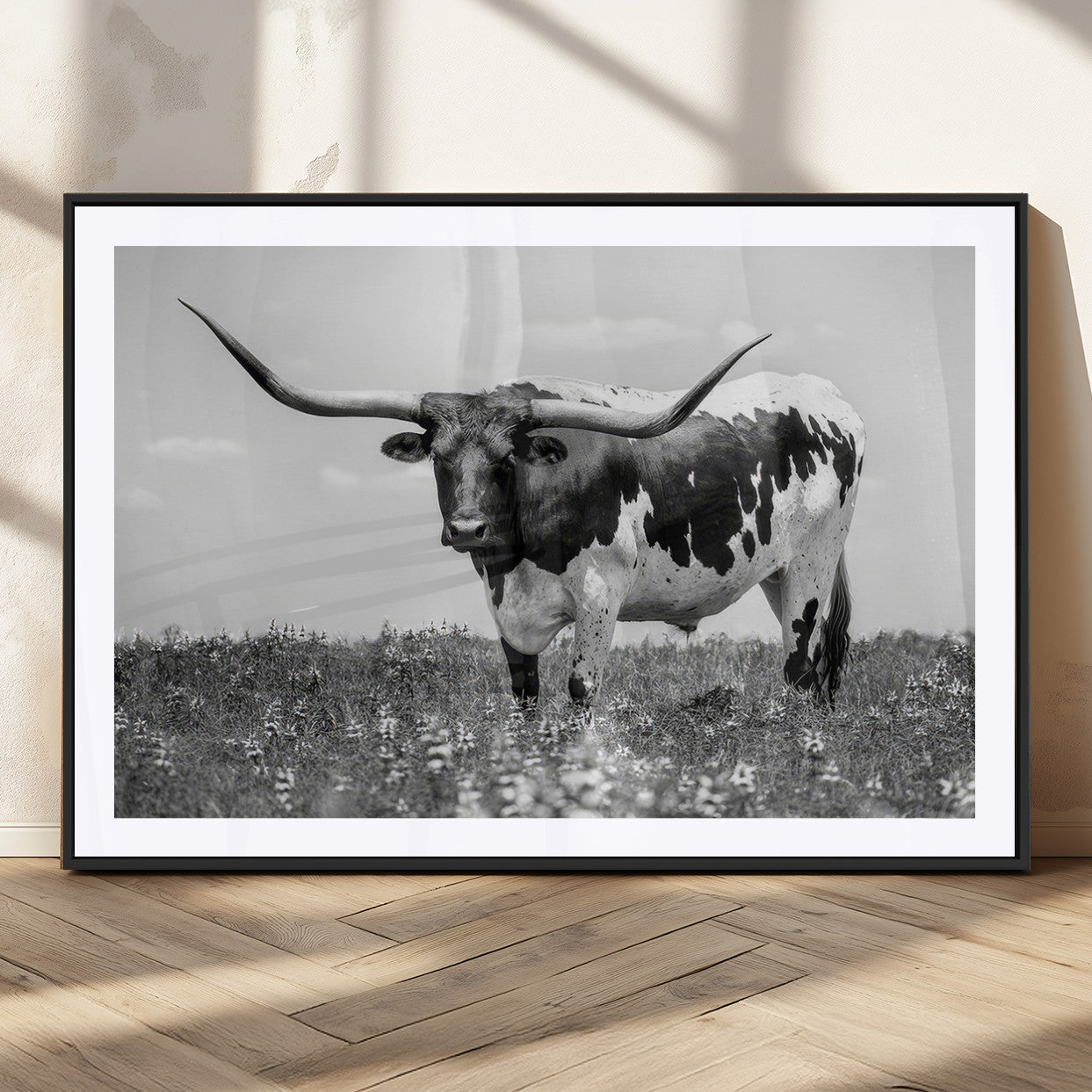 94709-MGC-FP-36x24_Black-Texas Longhorn Wall Art – Black and White Bull Photography Canvas Print, Western Farmhouse Wall Decor for Living Room, Office or