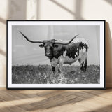 94709-MGC-FP-36x24_Black-Texas Longhorn Wall Art – Black and White Bull Photography Canvas Print, Western Farmhouse Wall Decor for Living Room, Office or