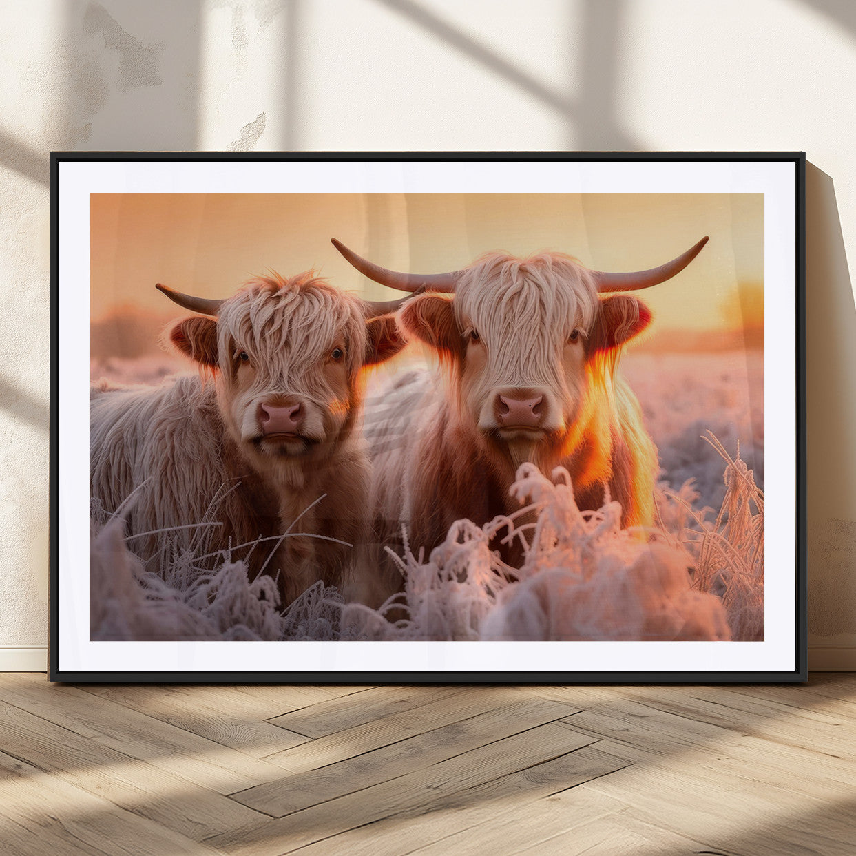 68253-MGC-FP-36x24_Black-Highland Cow Wall Art – Rustic Farmhouse Cattle Canvas Print, Frosty Sunset Animal Artwork for Living Room, Bedroom or Country