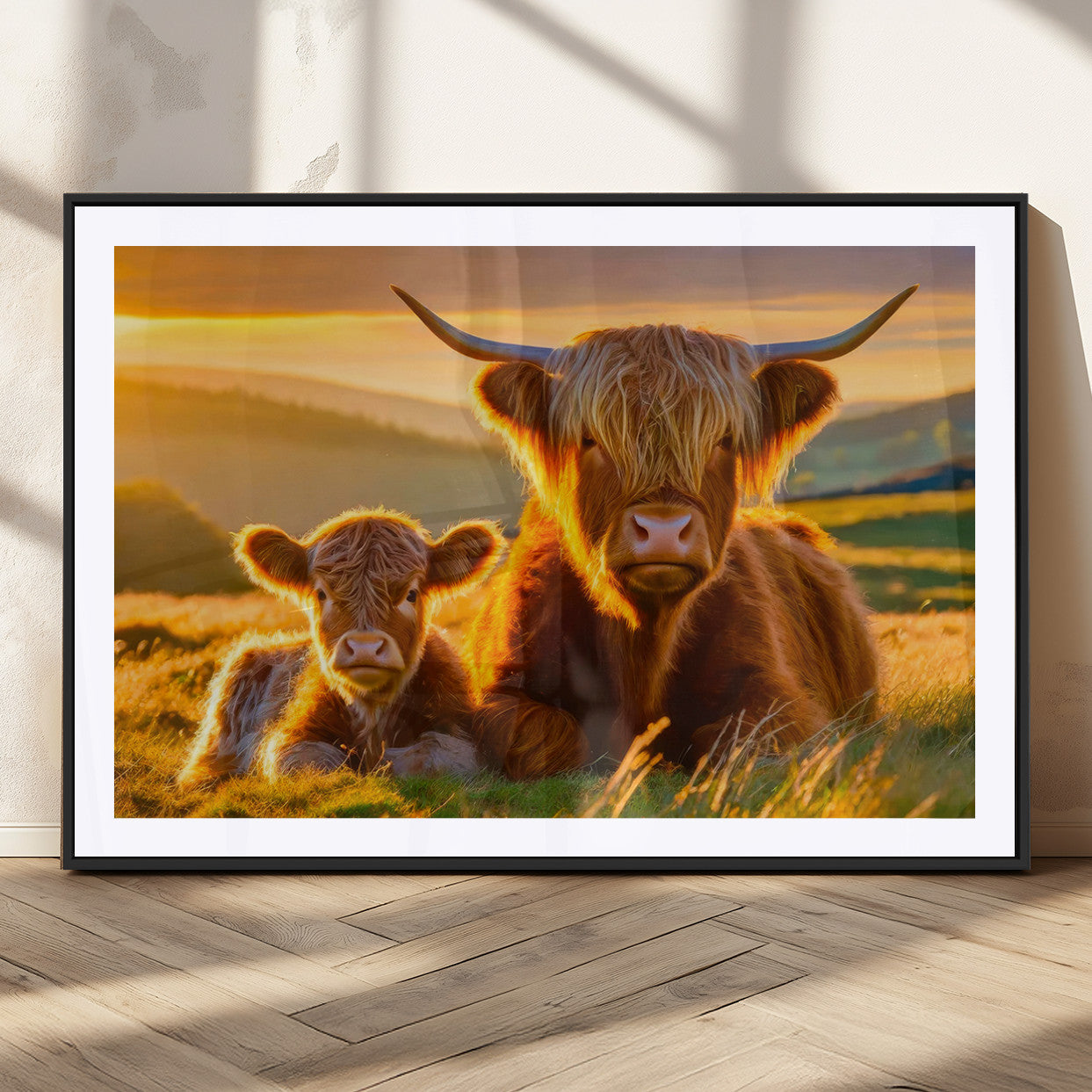 20567-MGC-FP-36x24_Black-Highland Cow and Calf Wall Art – Rustic Farmhouse Sunset Cattle Canvas Print, Country Animal Artwork for Living Room, Bedroom, or